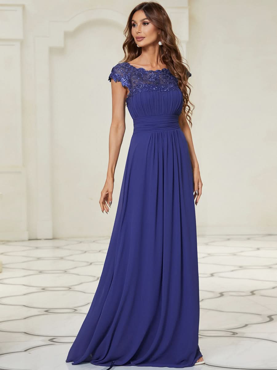 Größe Nach Maß Damen Kurzarm Spitze&Chiffon Lange Abendkleider mit offenem Rücken 09996 #Farbe_Saphirblau