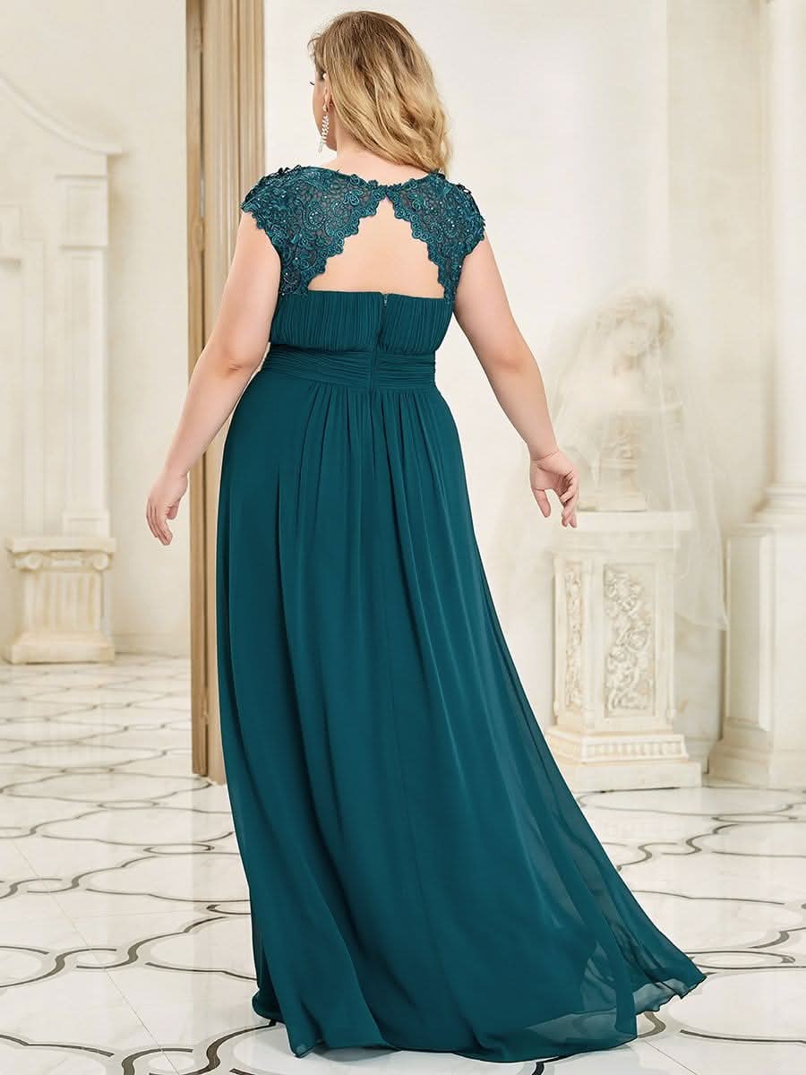 Color=Teal | Damen Lace Rueckseite Offen Kurzarme Chiffon Lange Abendkleider 09993-Teal 6