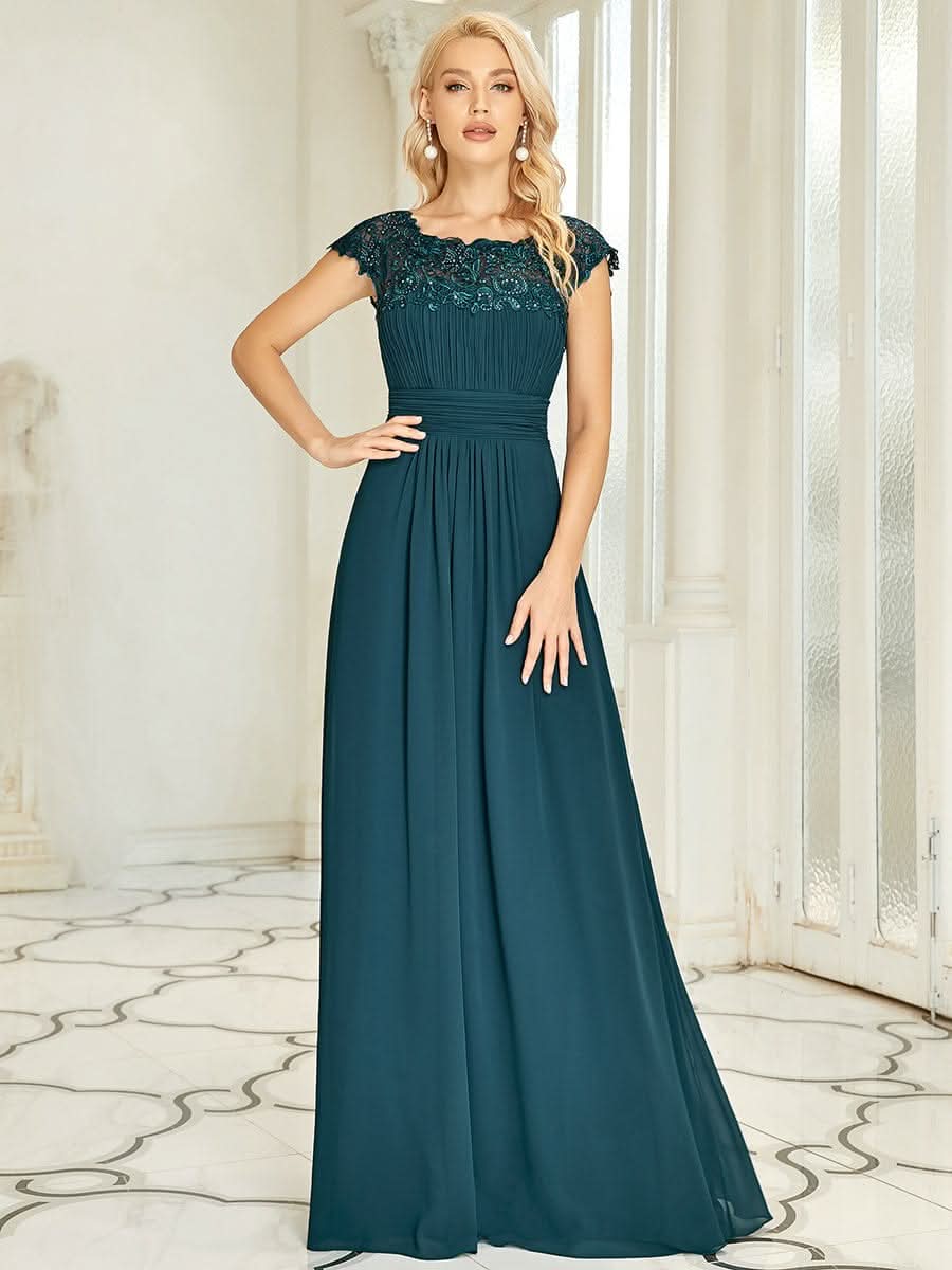 Größe Nach Maß Damen Kurzarm Spitze&Chiffon Lange Abendkleider mit offenem Rücken 09996 #Farbe_Teal