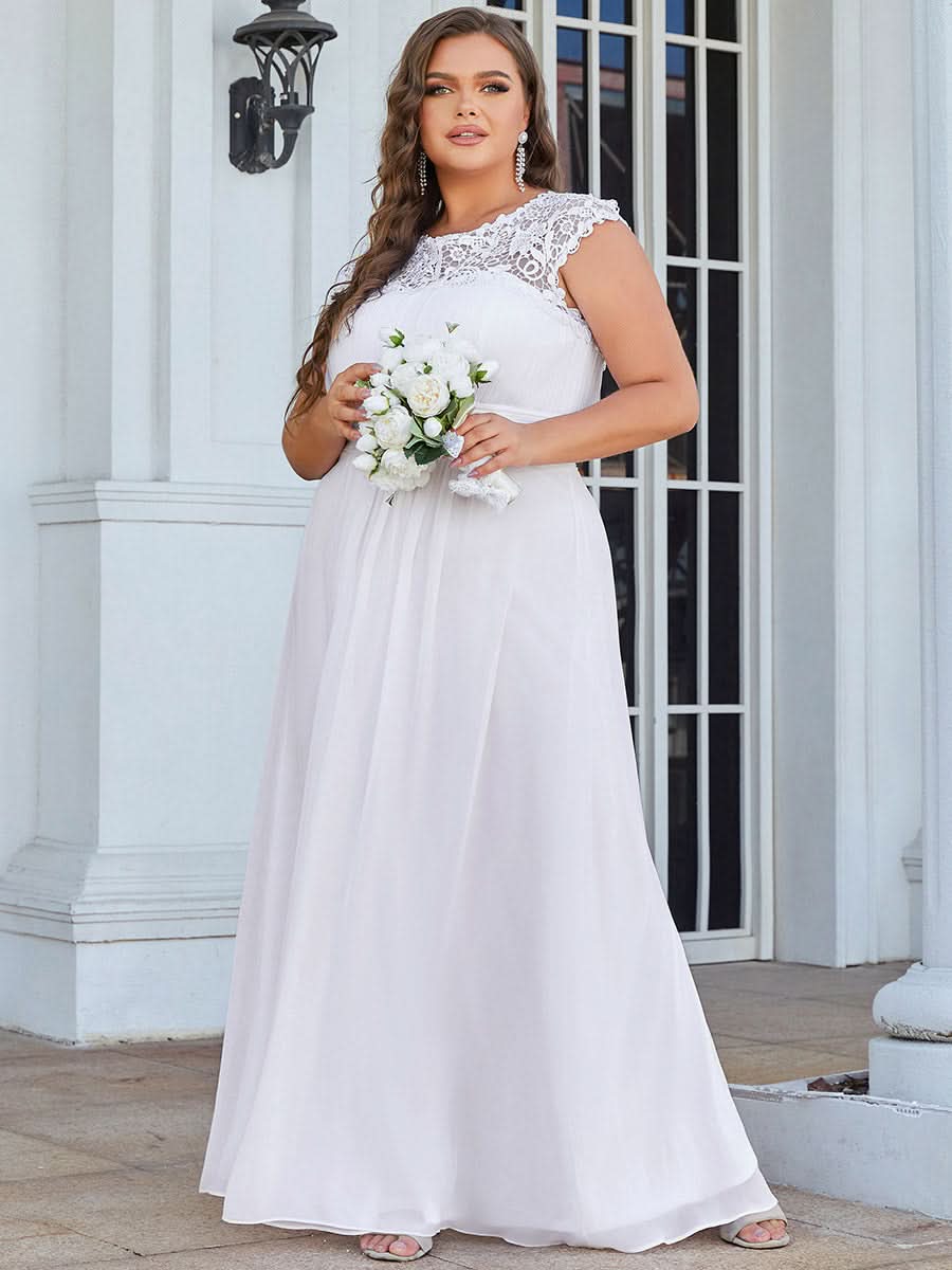 Größe Nach Maß Damen Kurzarm Spitze&Chiffon Lange Abendkleider mit offenem Rücken 09996 #Farbe_Weiss