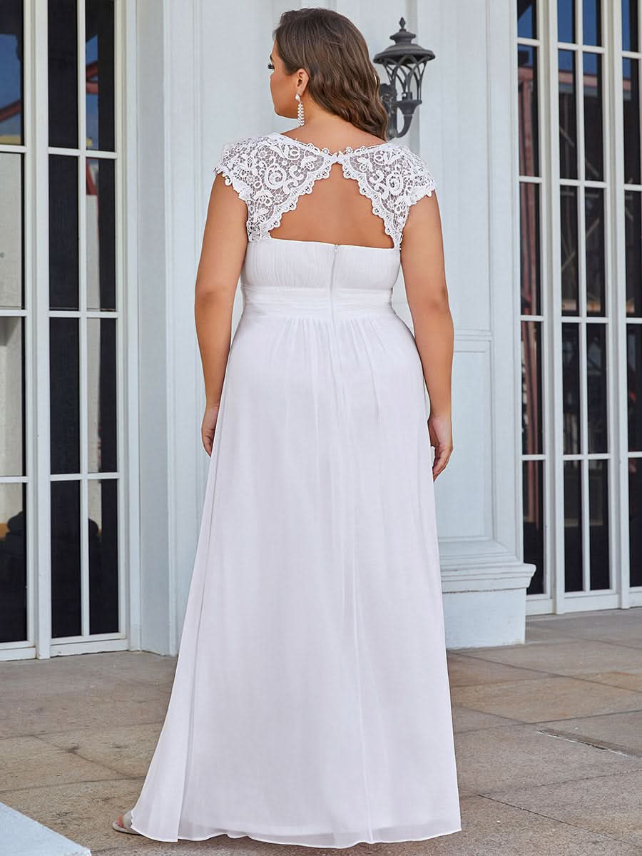 Größe Nach Maß Damen Kurzarm Spitze&Chiffon Lange Abendkleider mit offenem Rücken 09996 #Farbe_Weiss