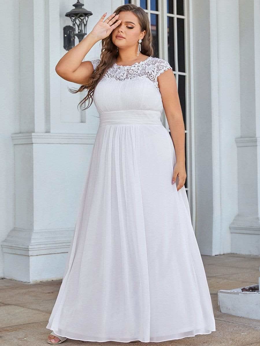 Color=Weiss | Plus Size Damen Lace Kurzarme Chiffon Lange Abendkleider 09993-Weiss 4