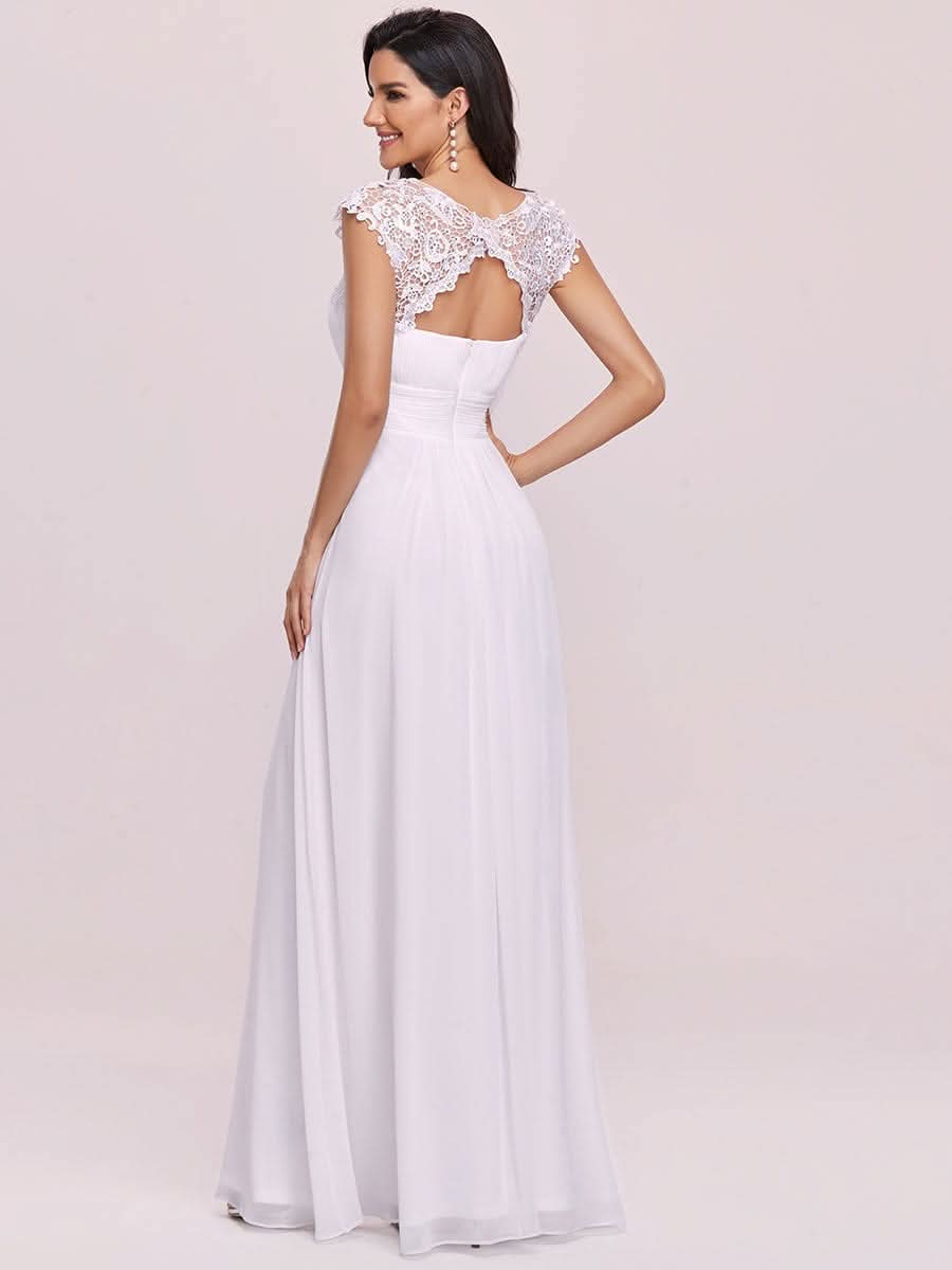 Größe Nach Maß Damen Kurzarm Spitze&Chiffon Lange Abendkleider mit offenem Rücken 09996 #Farbe_Weiss