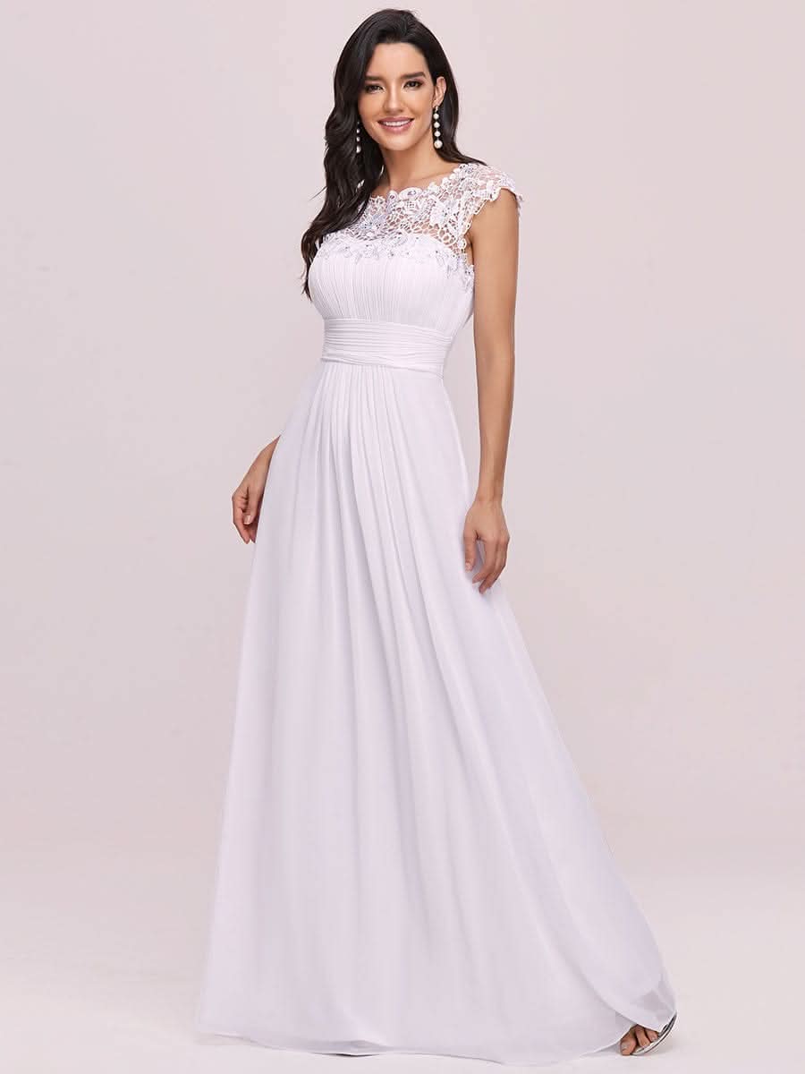 Größe Nach Maß Damen Kurzarm Spitze&Chiffon Lange Abendkleider mit offenem Rücken 09996 #Farbe_Weiss
