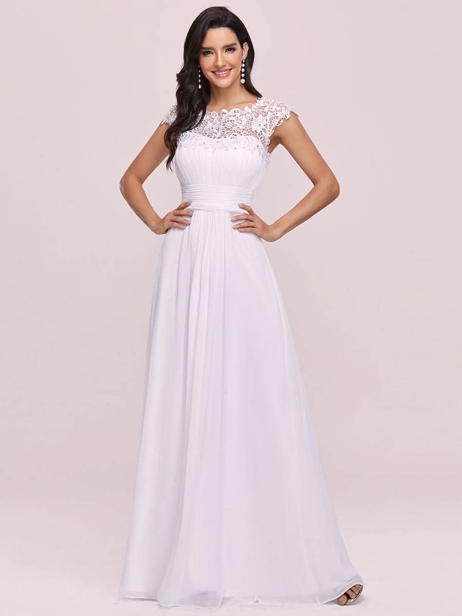 Größe Nach Maß Damen Kurzarm Spitze&Chiffon Lange Abendkleider mit offenem Rücken 09996 #Farbe_Weiss