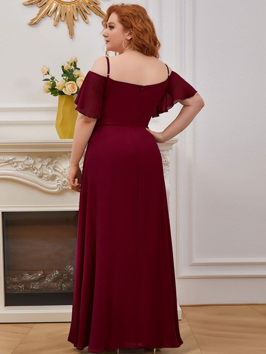 Color=Burgundy | Plus-Size-Abendkleid mit kaltem Schulter-V-Ausschnitt und seitlichem Schlitz 00237-Burgundy 2