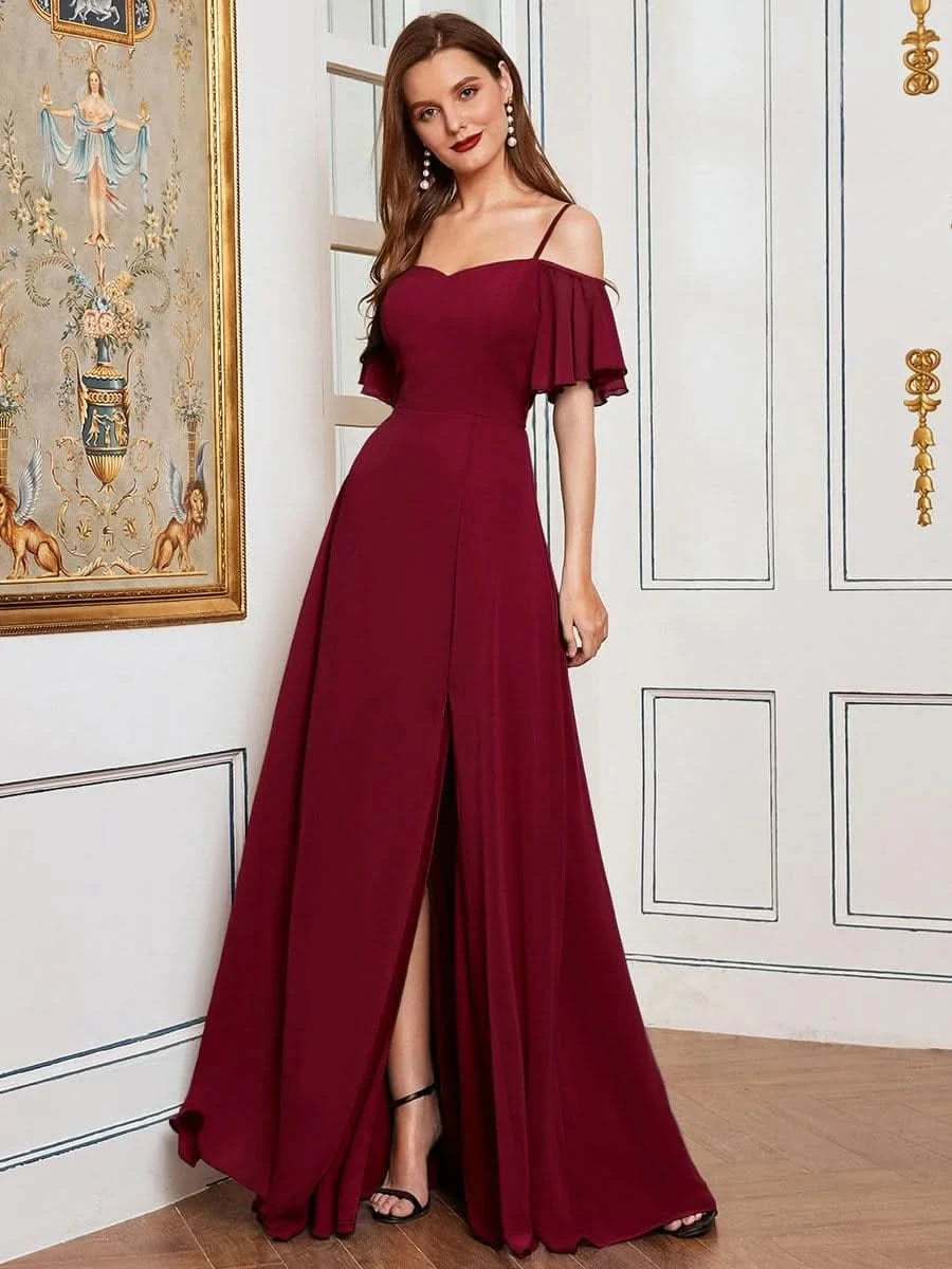 Größe Nach Maß Stilvolles bodenlanges Brautjungfernkleid mit kalter Schulter ES00237