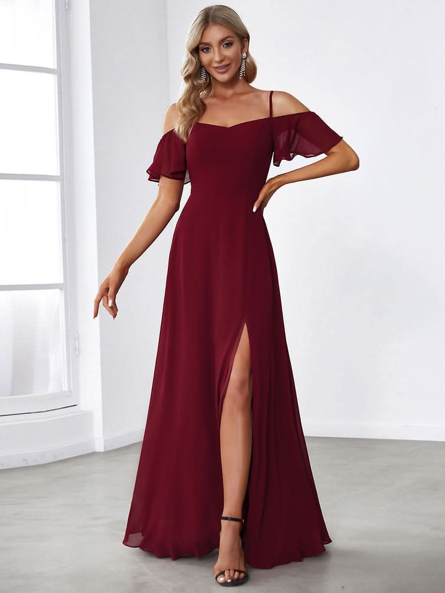 Größe Nach Maß Stilvolles bodenlanges Brautjungfernkleid mit kalter Schulter und seitlichem Schlitz #farbe_Burgundy