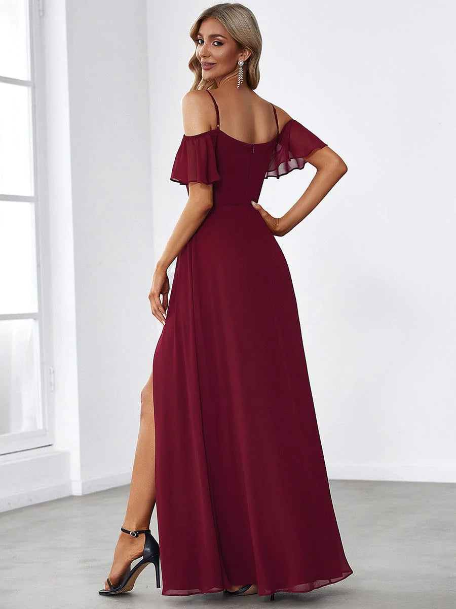 Größe Nach Maß Stilvolles bodenlanges Brautjungfernkleid mit kalter Schulter und seitlichem Schlitz #farbe_Burgundy