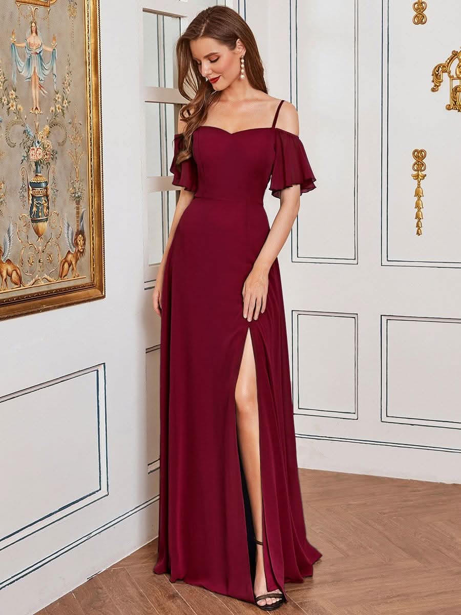 Größe Nach Maß Stilvolles bodenlanges Brautjungfernkleid mit kalter Schulter ES00237