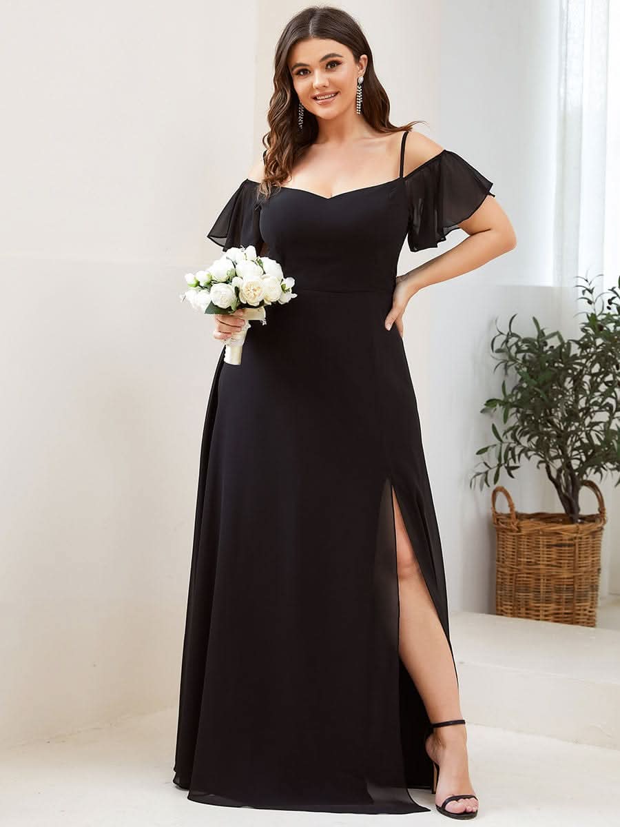 Color=Schwarz | Stilvolles bodenlanges Brautjungfernkleid mit kalter Schulter und seitlichem Schlitz 00237-Schwarz 8