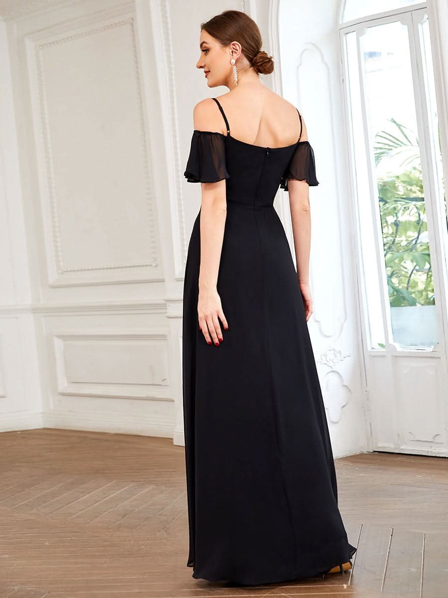 Größe Nach Maß Stilvolles bodenlanges Brautjungfernkleid mit kalter Schulter ES00237