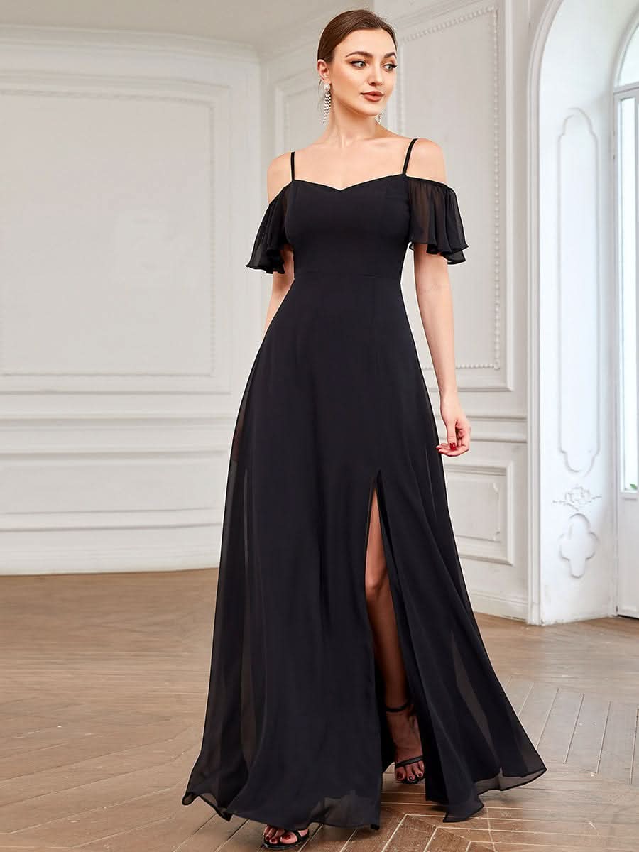 Color=Schwarz | Stilvolles bodenlanges Brautjungfernkleid mit kalter Schulter und seitlichem Schlitz 00237-Schwarz 3