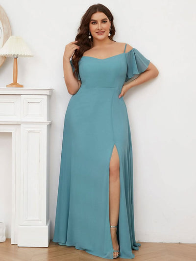 Color=Dusty Blau | Plus-Size-Abendkleid mit kaltem Schulter-V-Ausschnitt und seitlichem Schlitz 00237-Gebrannte Orange 1