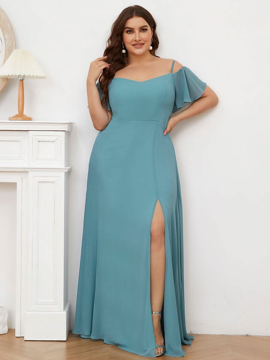 Color=Dusty Blau | Plus-Size-Abendkleid mit kaltem Schulter-V-Ausschnitt und seitlichem Schlitz 00237-Gebrannte Orange 1