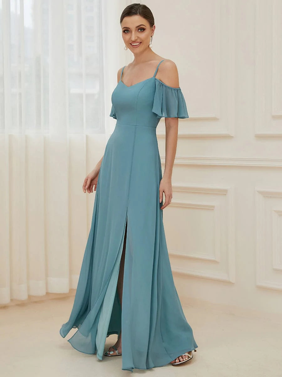 Größe Nach Maß Stilvolles bodenlanges Brautjungfernkleid mit kalter Schulter und seitlichem Schlitz #farbe_Dusty Blau