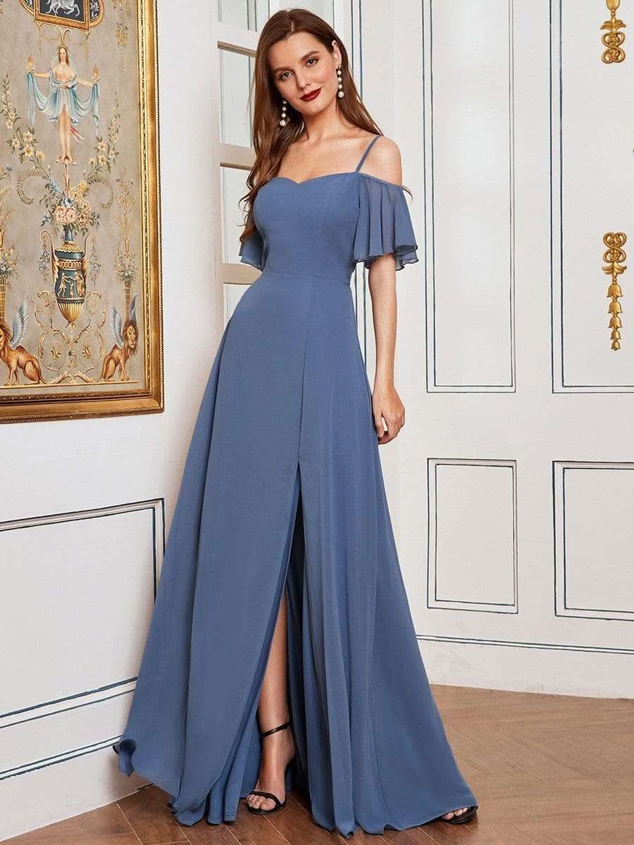 Größe Nach Maß Stilvolles bodenlanges Brautjungfernkleid mit kalter Schulter ES00237