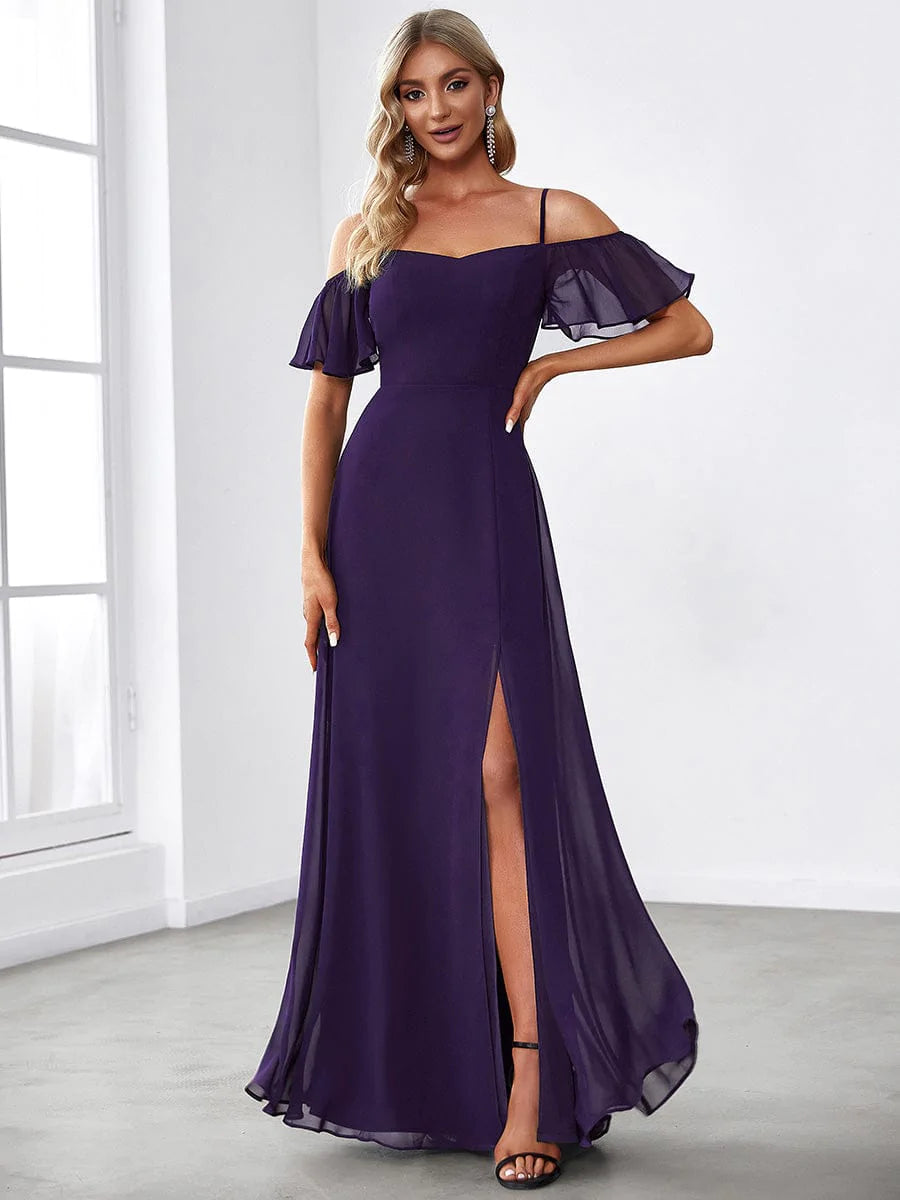 Größe Nach Maß Stilvolles bodenlanges Brautjungfernkleid mit kalter Schulter und seitlichem Schlitz #farbe_Dunkel Violett