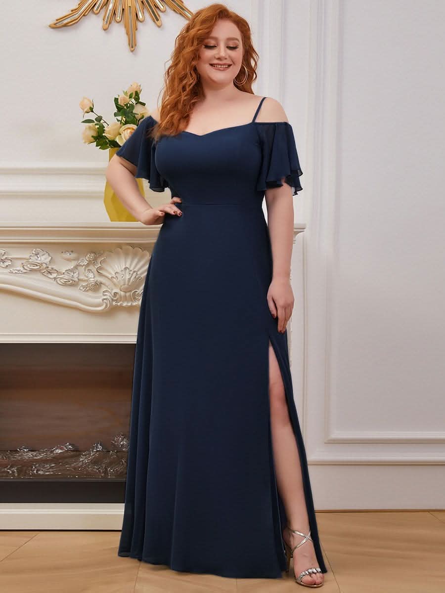 Color=Navy Blau | Plus-Size-Abendkleid mit kaltem Schulter-V-Ausschnitt und seitlichem Schlitz 00237-Navy Blau 1