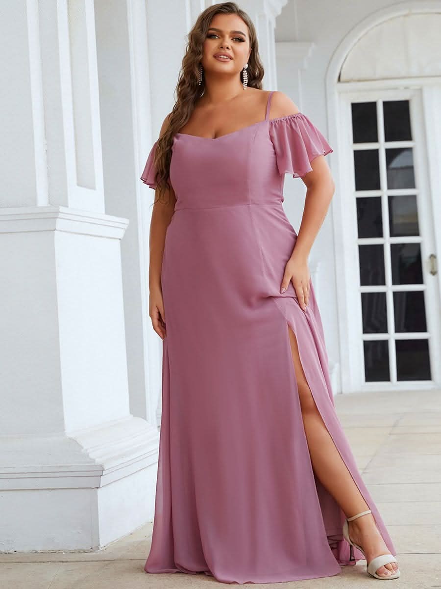 Color=Orchid | Plus-Size-Abendkleid mit kaltem Schulter-V-Ausschnitt und seitlichem Schlitz 00237-Orchid 1
