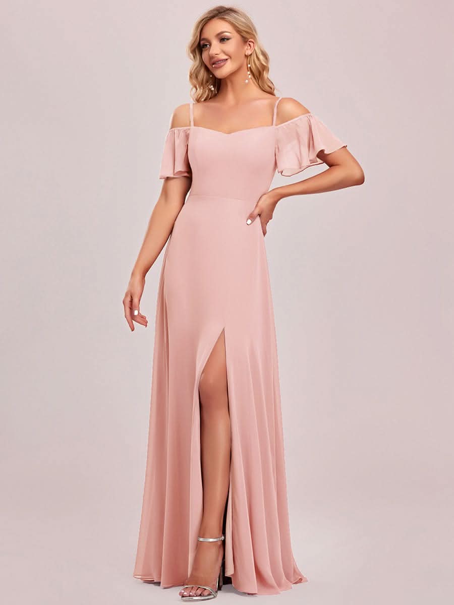 Color=Rosa | Stilvolles bodenlanges Brautjungfernkleid mit kalter Schulter und seitlichem Schlitz 00237-Rosa 1