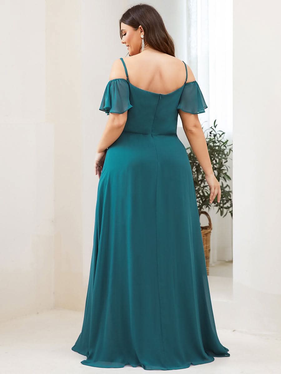 Color=Teal | Plus-Size-Abendkleid mit kaltem Schulter-V-Ausschnitt und seitlichem Schlitz 00237-Teal 2