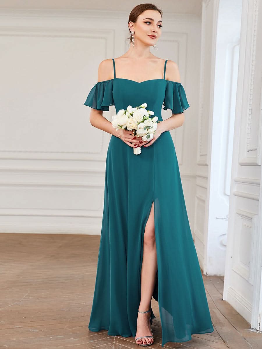 Color=Teal | Stilvolles bodenlanges Brautjungfernkleid mit kalter Schulter und seitlichem Schlitz 00237-Teal 1