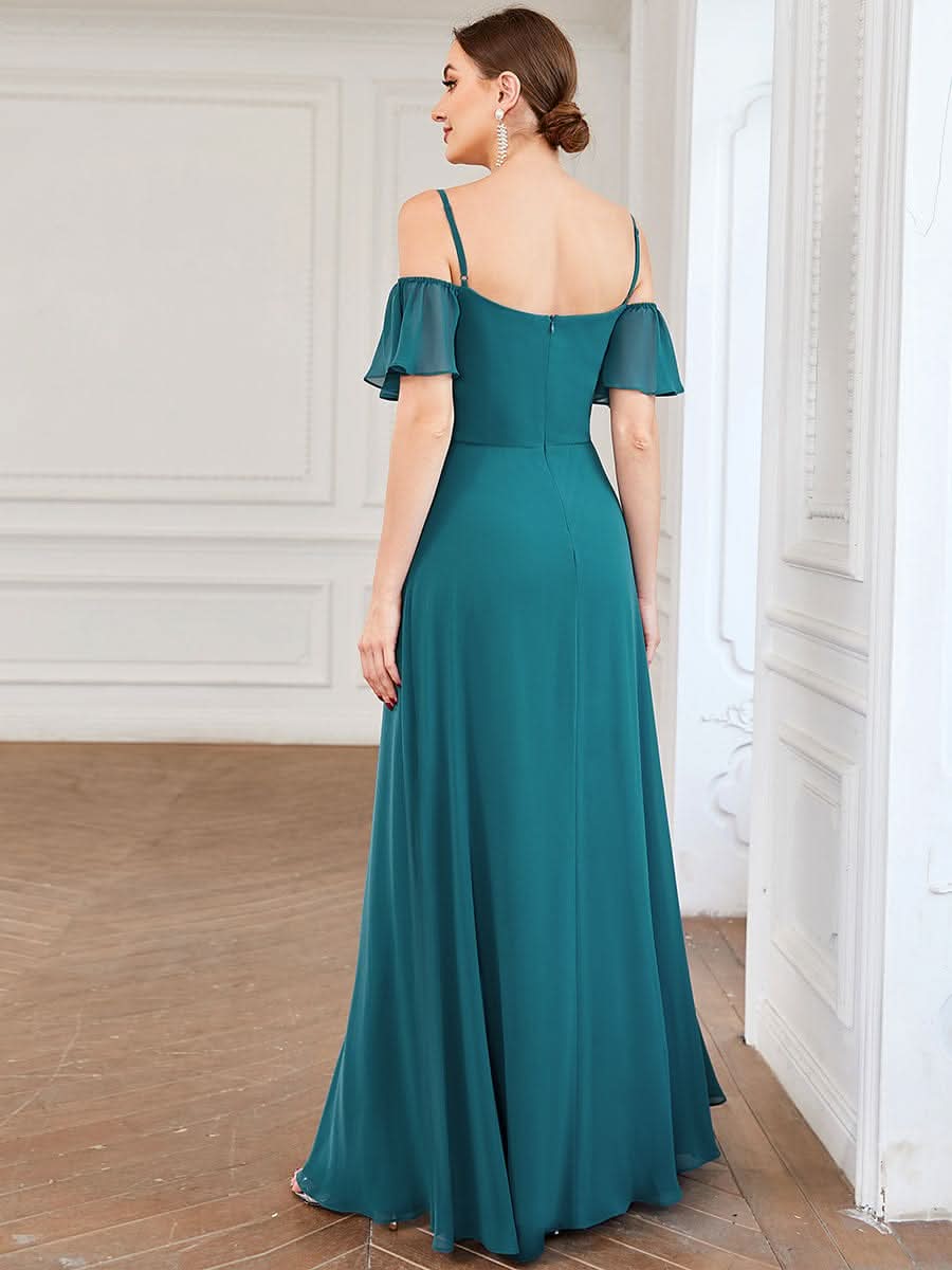 Color=Teal | Stilvolles bodenlanges Brautjungfernkleid mit kalter Schulter und seitlichem Schlitz 00237-Teal 2