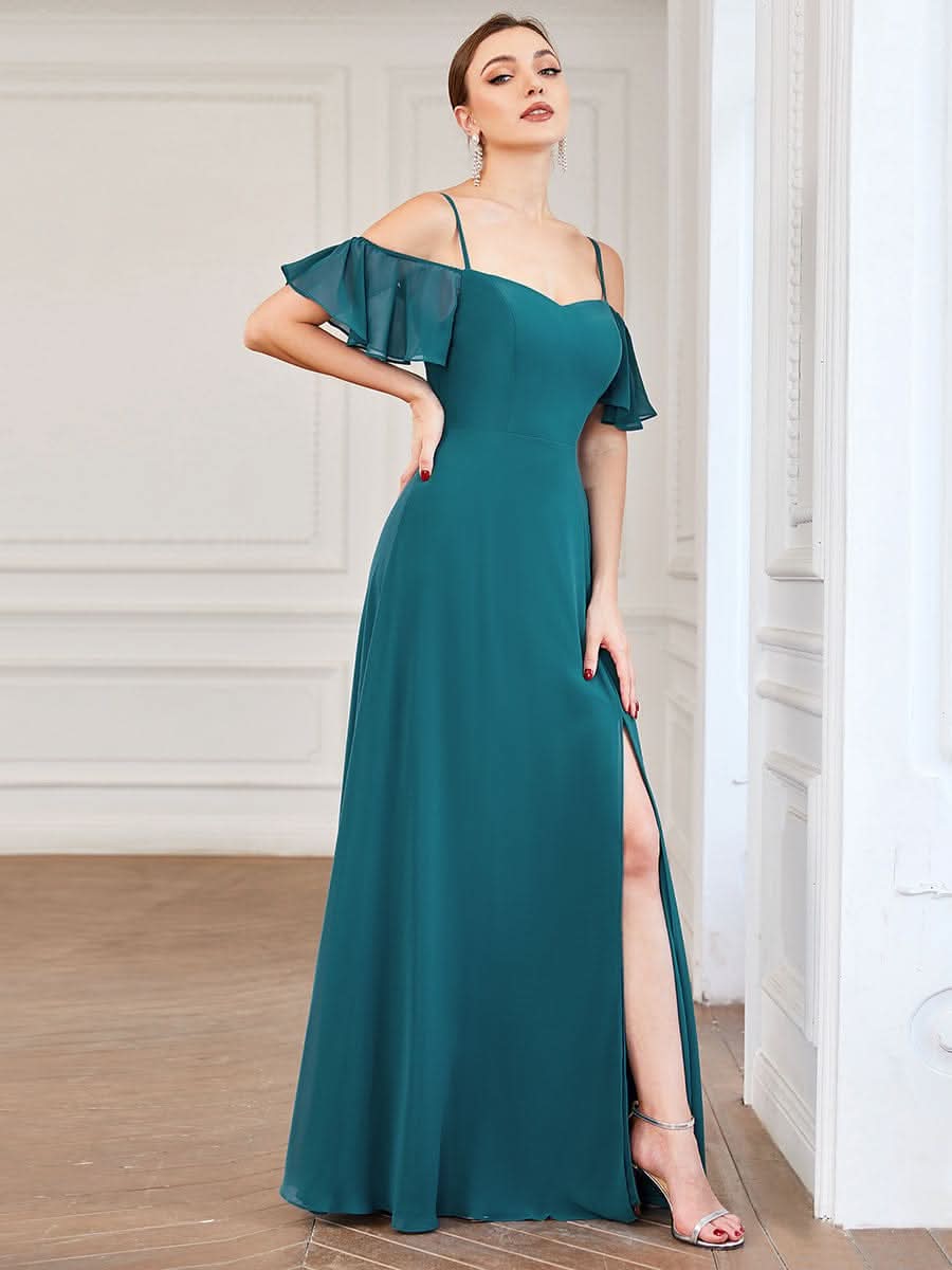 Größe Nach Maß Stilvolles bodenlanges Brautjungfernkleid mit kalter Schulter ES00237