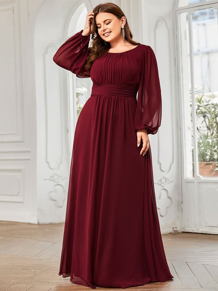 Plus Size Rundhals Bodenlaenge Langarm Brautjungfernkleider #farbe_Burgundy