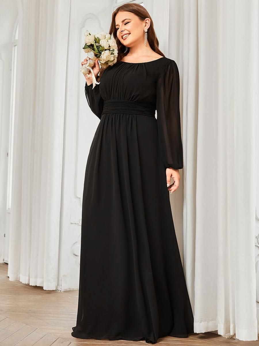 Plus Size Rundhals Bodenlaenge Langarm Brautjungfernkleider #farbe_Schwarz