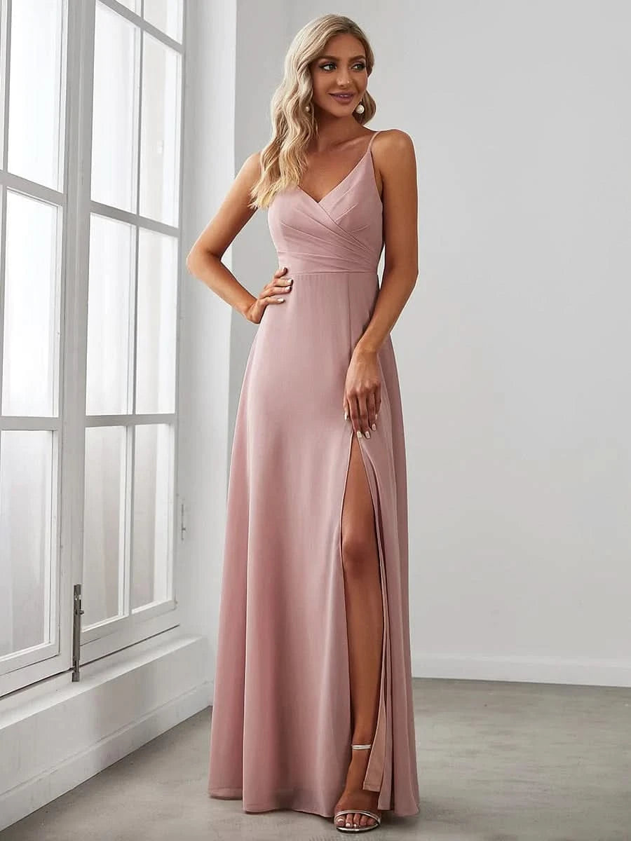 Größe Nach Maß V-Ausschnitt A-Linie Bodenlaenge Split Spaghetti Traeger Brautjungfernkleider #farbe_Dusty Rose