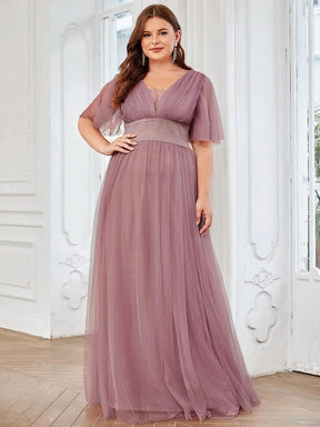 Größe Nach Maß Plissiertes A-Linien Tüll Brautjungfernkleid mit kurzen Ärmeln ES0294A