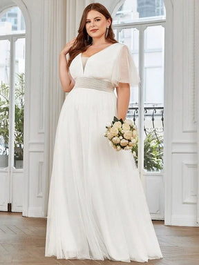Größe Nach Maß Plissiertes A-Linien Tüll Brautjungfernkleid mit kurzen Ärmeln ES0294A