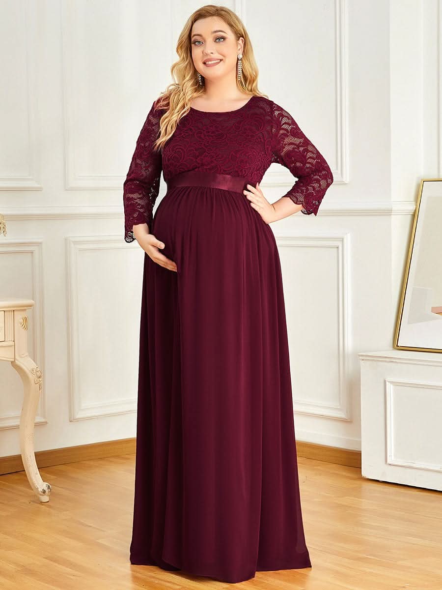 Color=Burgundy | Glamouröse halbe Ärmel Rundhalsausschnitt V zurück bestickt Mutterschaft formale Kleid-Burgundy 6