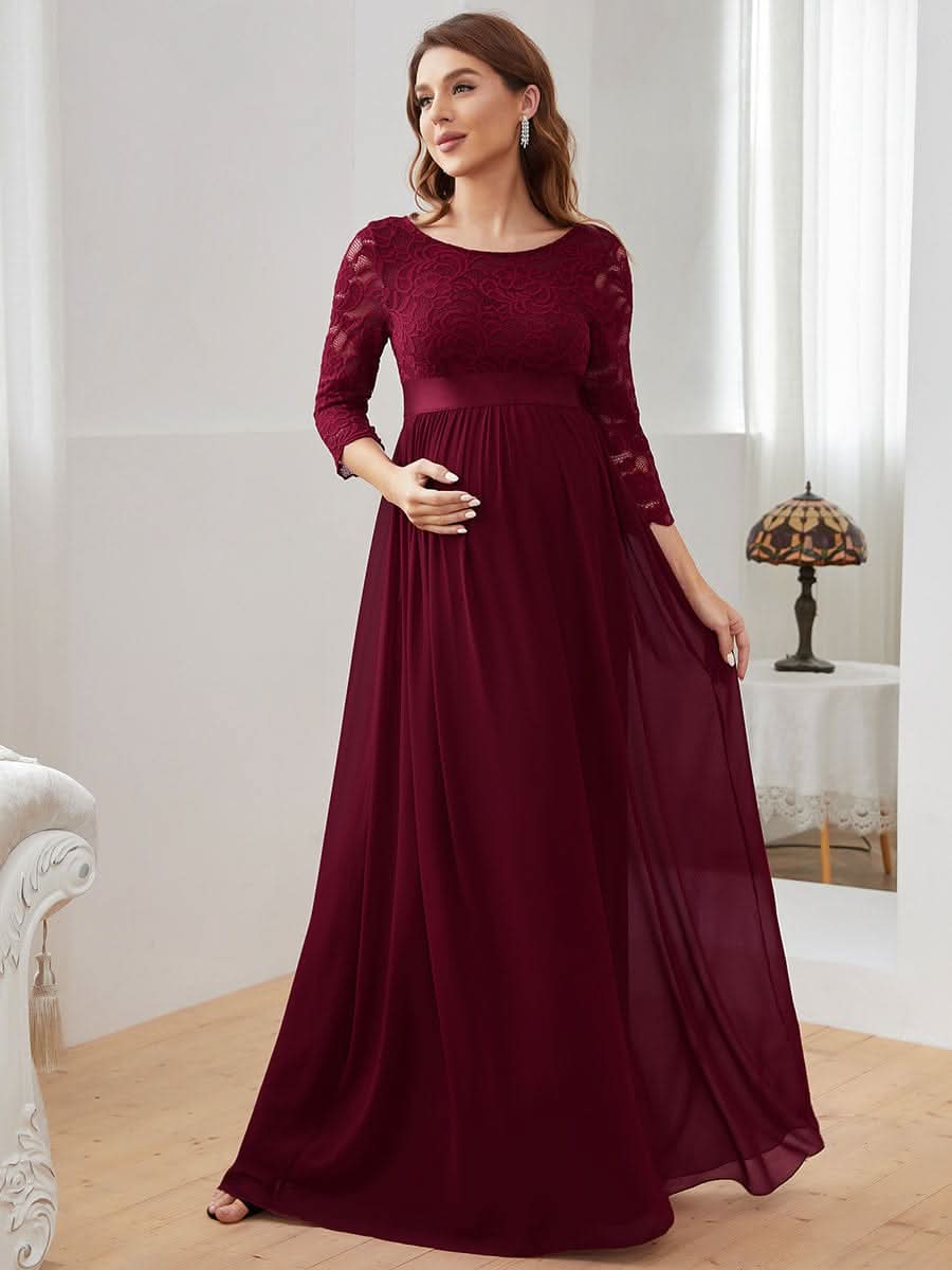 Color=Burgundy | Glamouröse halbe Ärmel Rundhalsausschnitt V zurück bestickt Mutterschaft formale Kleid-Burgundy 3