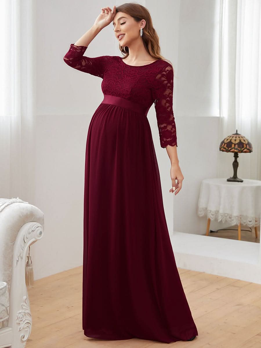 Color=Burgundy | Glamouröse halbe Ärmel Rundhalsausschnitt V zurück bestickt Mutterschaft formale Kleid-Burgundy 4