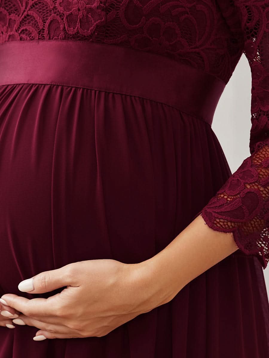 Color=Burgundy | Glamouröse halbe Ärmel Rundhalsausschnitt V zurück bestickt Mutterschaft formale Kleid-Burgundy 5
