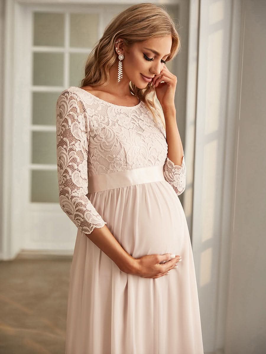 Color=Blush | Glamouröse halbe Ärmel Rundhalsausschnitt V zurück bestickt Mutterschaft formale Kleid-Blush 4