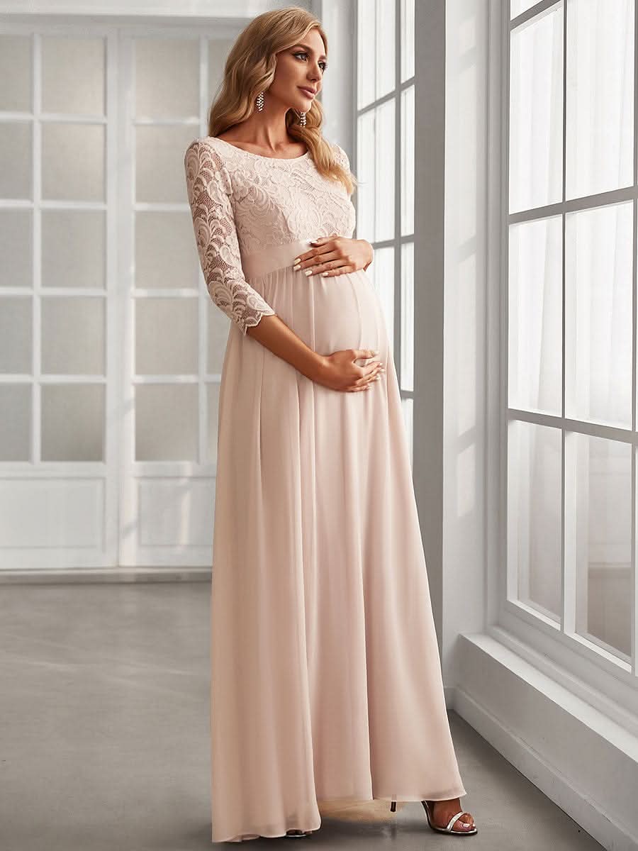 Color=Blush | Glamouröse halbe Ärmel Rundhalsausschnitt V zurück bestickt Mutterschaft formale Kleid-Blush 1