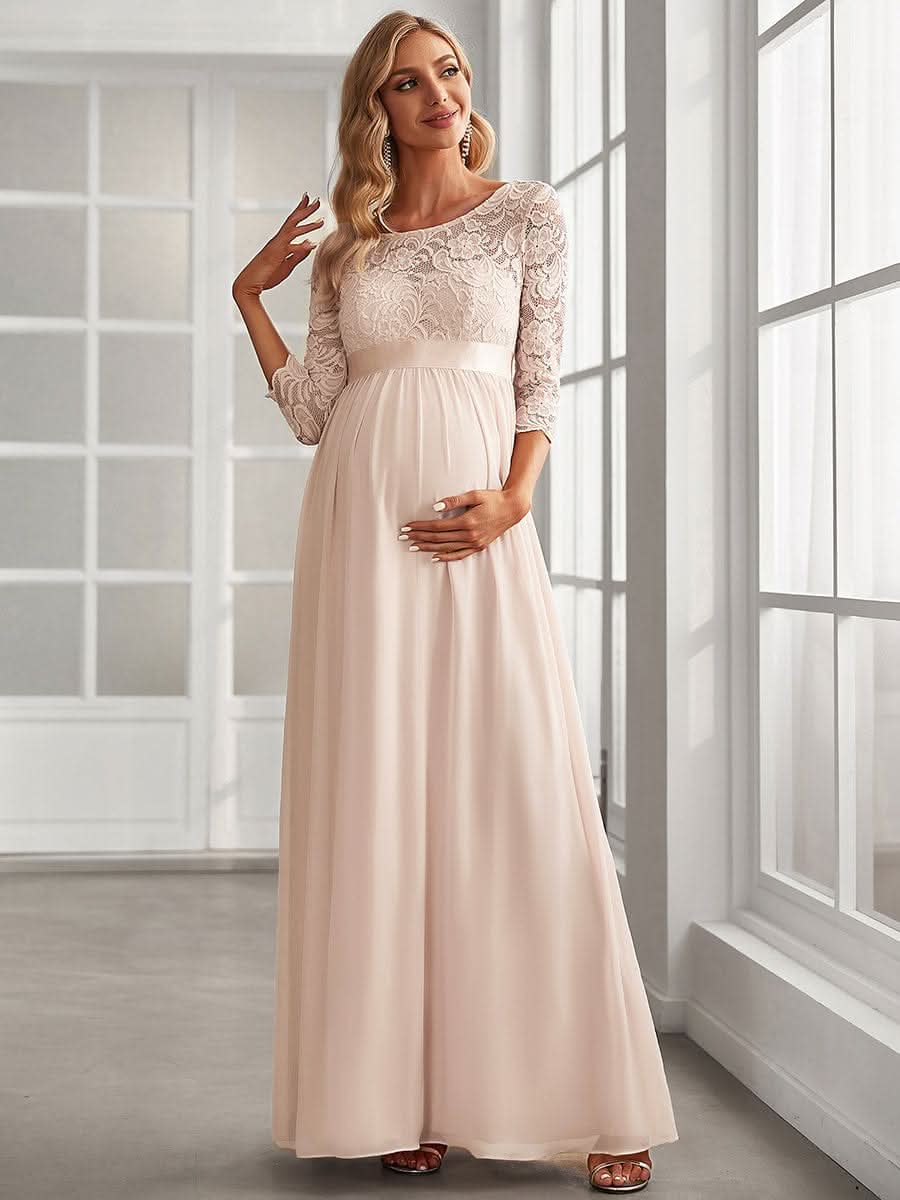 Color=Blush | Glamouröse halbe Ärmel Rundhalsausschnitt V zurück bestickt Mutterschaft formale Kleid-Blush 3