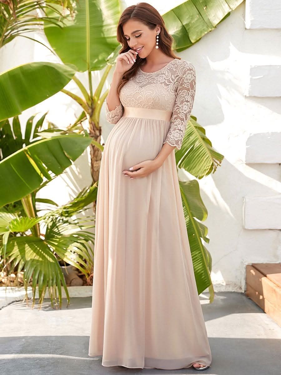 Color=Blush | Glamouröse halbe Ärmel Rundhalsausschnitt V zurück bestickt Mutterschaft formale Kleid-Blush 5