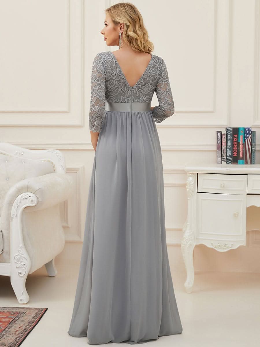Color=Grau | Glamouröse halbe Ärmel Rundhalsausschnitt V zurück bestickt Mutterschaft formale Kleid-Grau 2