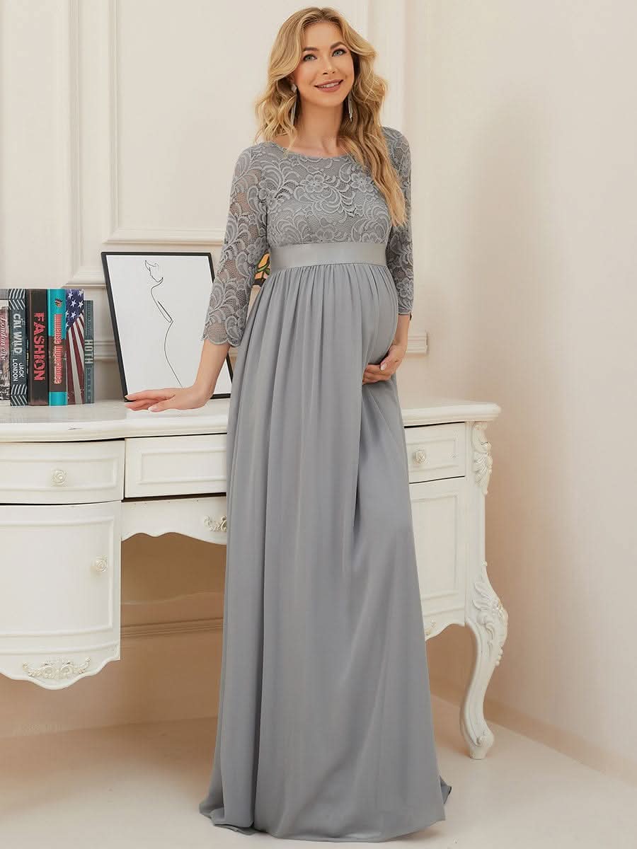 Color=Grau | Glamouröse halbe Ärmel Rundhalsausschnitt V zurück bestickt Mutterschaft formale Kleid-Grau 3