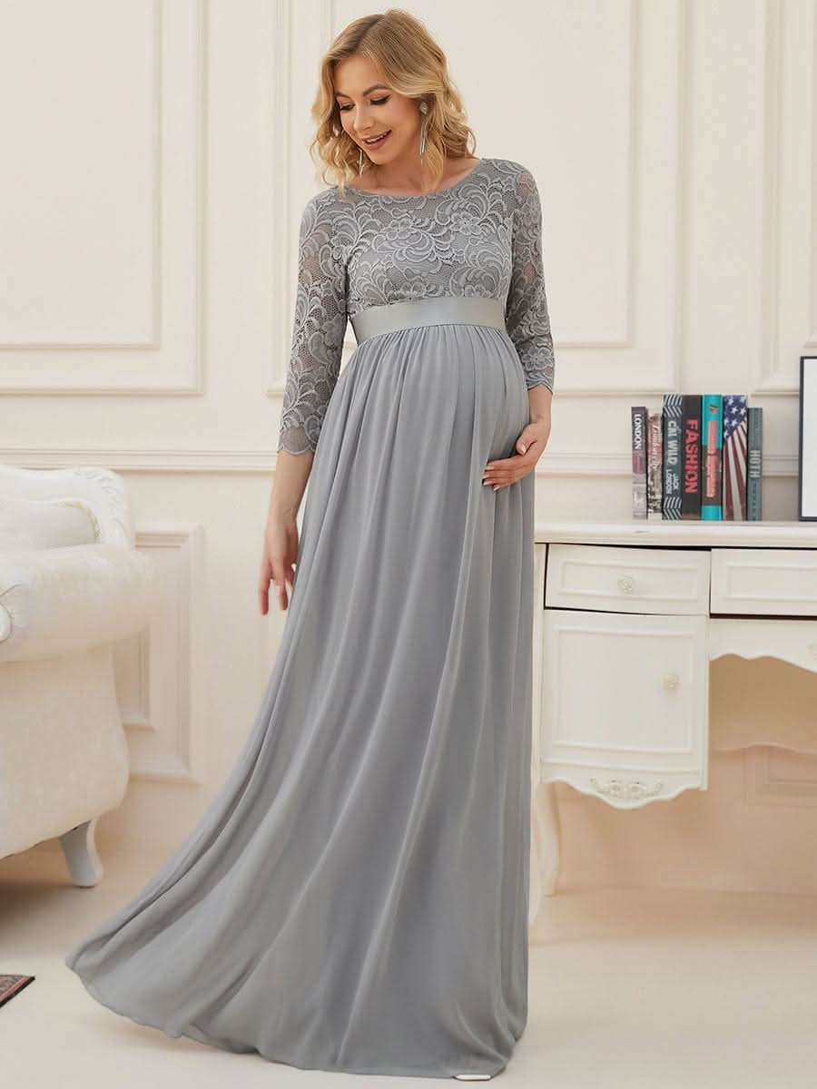 Color=Grau | Glamouröse halbe Ärmel Rundhalsausschnitt V zurück bestickt Mutterschaft formale Kleid-Grau 4