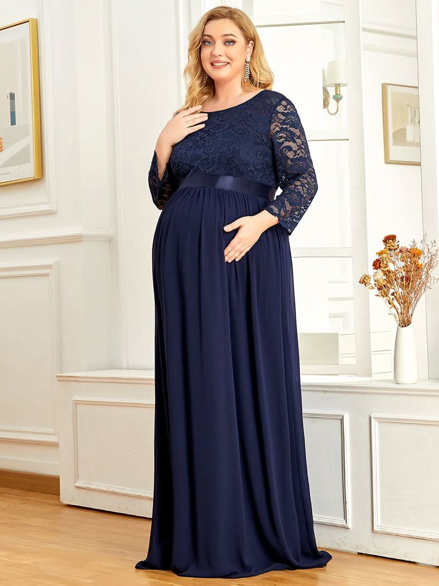 Color=Navy Blau | Glamouröse halbe Ärmel Rundhalsausschnitt V zurück bestickt Mutterschaft formale Kleid-Navy Blau 6