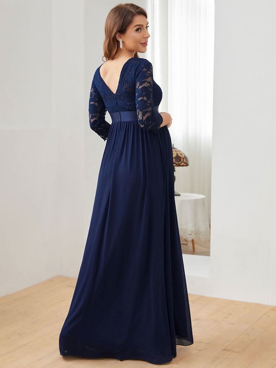 Color=Navy Blau | Glamouröse halbe Ärmel Rundhalsausschnitt V zurück bestickt Mutterschaft formale Kleid-Navy Blau 2