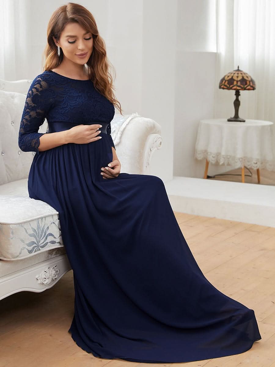 Color=Navy Blau | Glamouröse halbe Ärmel Rundhalsausschnitt V zurück bestickt Mutterschaft formale Kleid-Navy Blau 4