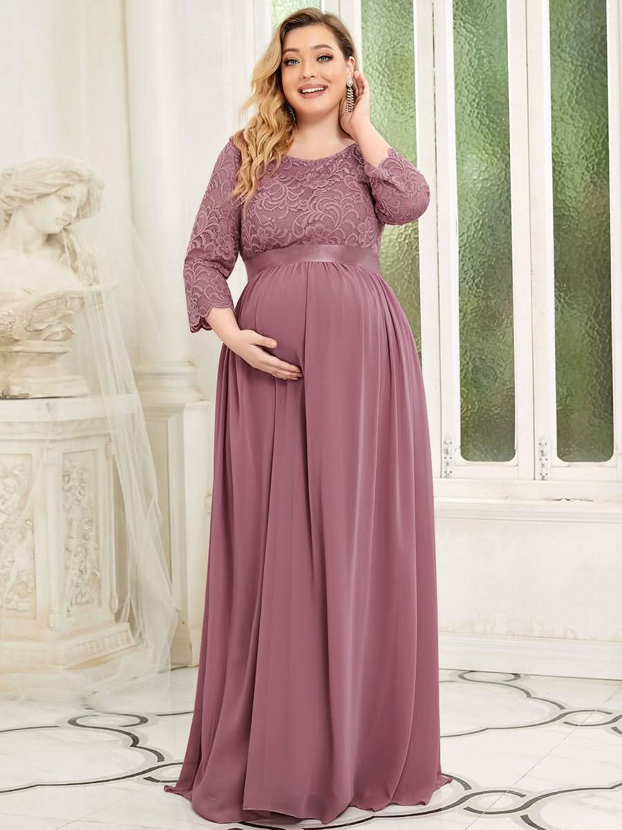 Color=Orchid | Glamouröse halbe Ärmel Rundhalsausschnitt V zurück bestickt Mutterschaft formale Kleid-Orchid 6