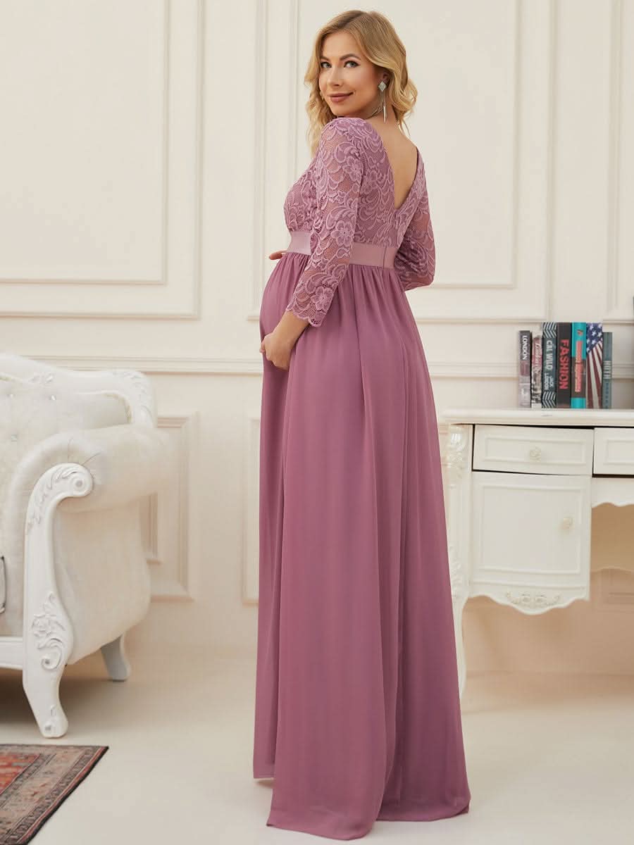 Color=Orchid | Glamouröse halbe Ärmel Rundhalsausschnitt V zurück bestickt Mutterschaft formale Kleid-Orchid 2